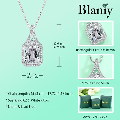 Created Gemstone Necklace 925 Sterling Silver Halo Rectangular Pendant Birthstone Necklaces Jewelry Gifts for Women - color: 04 April - Cubic Zirconia