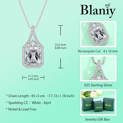 Created Gemstone Necklace 925 Sterling Silver Halo Rectangular Pendant Birthstone Necklaces Jewelry Gifts for Women - color: 04 April - Cubic Zirconia