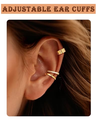 16 Pcs Ear Cuff Earrings for Women Non Piercing Gold Silver Plated Ear Cuffs Non Pierced Snake Leaf CZ Star Feather Waterdrop Chain Ears Cuff Wrap Earring Clip on Cartilage Helix Fake Earrings Lightweight Adjustable - color: Gold