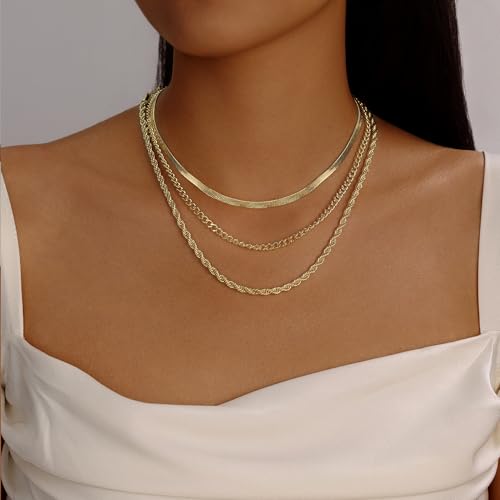 Evabelle Gold Layered Necklace for Women Trendy Jewelry 14K Real Gold Plated Chunky Chain Stackable Necklaces Dainty Choker Necklaces Rectangle Square Pendant - color: Gold Necklace 12