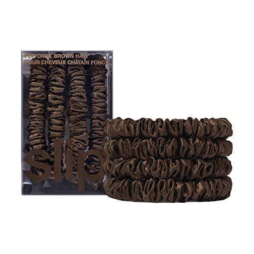Slip Silk Hair Ties — Skinny Silk Dark Brown Scrunchies, No Damage, No Crease, Anti-Breakage |100% Mulberry Silk | All Hair Types | Made with Proprietary Slipsilk™ | Set of 4 - color: Dark Brown