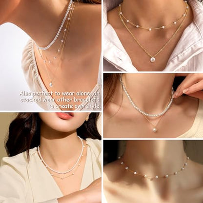 Zeffy Gold Pearl Necklace for Women, Dainty 14K Gold/Silve Plated Layered Pearl Choker Pearl Earrings Pearl Bracelets Wedding Trendy Gold Jewelry Set for Women Gifts - style: Gold Pearl Necklace-3PCS