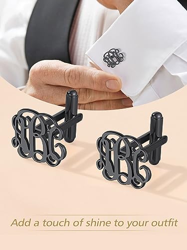 FindChic Stainless Steel Round Cufflinks with Custom Text/Picture/Monogram Letters 18K Gold Plated/Black Color for Men Groom Suits Shirts, with Gift Box - style: 04. custom 3 monograms (black)