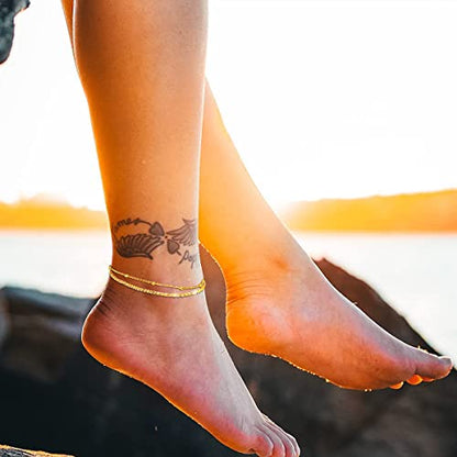 Sparkling Ankle Bracelets for Women Waterproof,18K Gold Plated Anklets for Women Large Ankles - color: B-2pcs Mix Beaded Chain-Gold