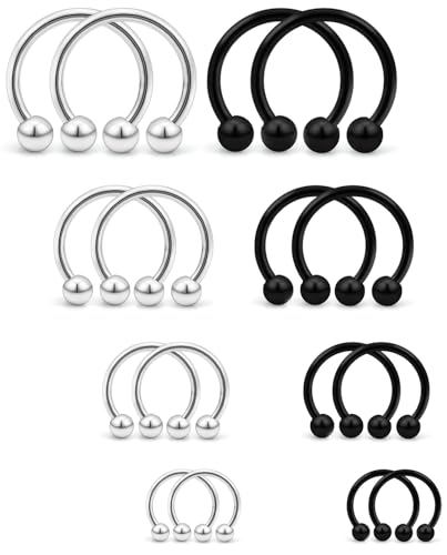 16PCS 16G Multiple Different Sizes Horseshoe Barbell Surgical Steel Nose Septum Rings Hoop Daith Earring Eyebrow Helix Vertical Lip Piercing Jewelry for Women Men - color: 16pcs,16g,diameter:6-12mm,4#