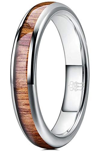 THREE KEYS JEWELRY Tungsten Wedding Band Koa wood Inlay Black Domed | 4mm, 6mm, 8mm, Everyday Wear, Black, Domed, Koa wood inlay - color: Silver 4mm