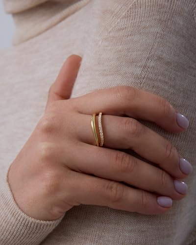 PAVOI 14K Gold Plated Wavy Split Ring - Wave Gold Stackable Rings for Women with Cubic Zirconia - Dainty Wedding Band - Trendy Bridal Fashion Jewelry - color: White Gold