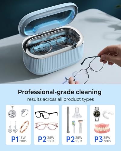 45KHz Ultrasonic Jewelry Cleaner, 5 Timer & 3 Power Modes, 35W Retainer Cleaner for Jewelry, Eyeglasses, Rings, Watch Strap, Dentures - Quiet <38dB, 20oz, 304 Stainless Steel Tank(Blue) - color: Blue