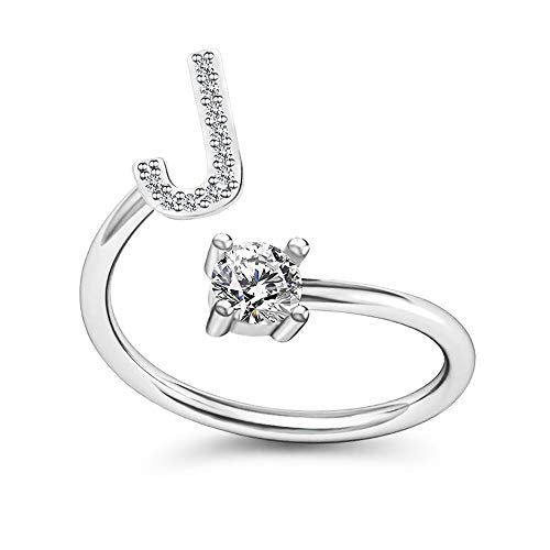 FUTIMELY Initial Letter Ring Alphabet Ring A-Z Silver Crystal Open Adjustable Personalized Initial Ring for Women - style: J