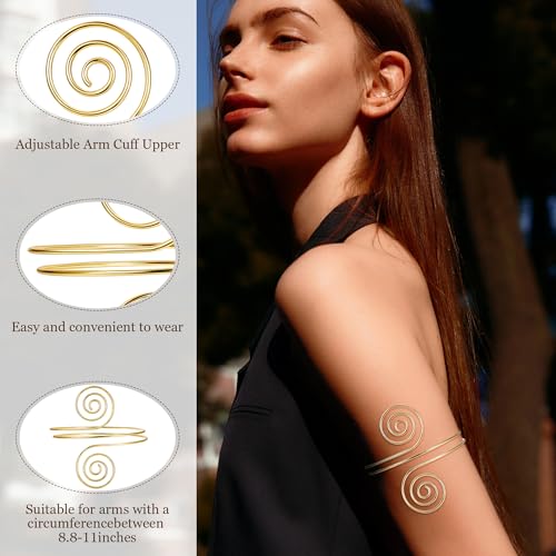 6 Pieces Upper Arm Cuff Arm Band Cuff Bangle Bracelet for Women Hammered Chunky Bracelets Open Wide Wire Bracelets Minimalist Coil Bangle Set Gold Sliver Wrist Cuff Wrap Bracelet Adjustable - color: Gold Cuff Bracelets A