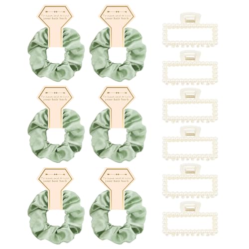 Bridesmaid Proposal Gifts, 12 PCS Bridesmaids Silk Hair Scrunchies & Pearl Hair Clips Set for Women Girls Bachelorette Party Favors Bridal Shower Favors Bridesmaids Gifts for Wedding Day (Green) - color: Green