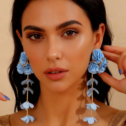 Fabric Flower Earrings for Women Colorful Long Tassel Floral Drop Earrings Fashion Boho Exaggerated Statement Beach Party Jewelry - color: blue