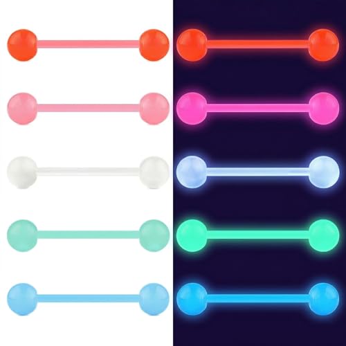 Zolure 10Pcs 14G Tongue Rings Acrylic Candy Color Tongue Piercing Jewelry Flexible Plastic Nipple Rings Tongue Barbells for Women 16mm - color: Golw in Dark Mix 10pcs