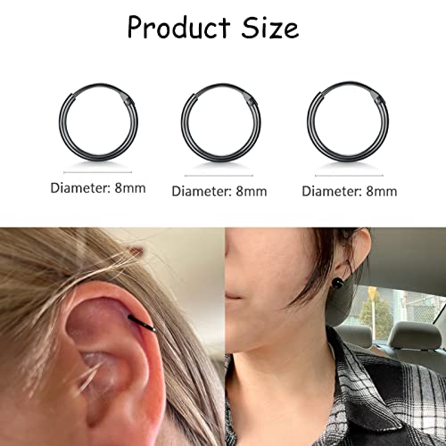 EPIRORA Silver Hoop Earrings- Cartilage Endless Small Hoop Earrings Set for Women Men, 3 Pairs of Hypoallergenic 925 Sterling Silver Tragus Earrings Nose Lip Rings - color: 3 Pairs(8mm*3)-Black