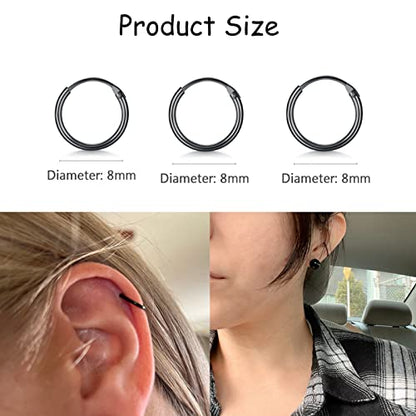 EPIRORA Silver Hoop Earrings- Cartilage Endless Small Hoop Earrings Set for Women Men, 3 Pairs of Hypoallergenic 925 Sterling Silver Tragus Earrings Nose Lip Rings - color: 3 Pairs(8mm*3)-Black