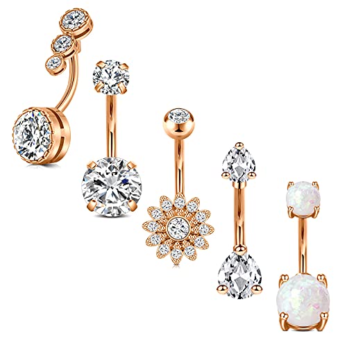 Silver Gold Belly Button Ring for Women Clicker Hoop Belly Rings Opal Navel Piercing Jewelry Dangle Hypoallergenic Surgical Steel Dainty Dangling Navel Rings for Women - color: G1-5pcs rose gold