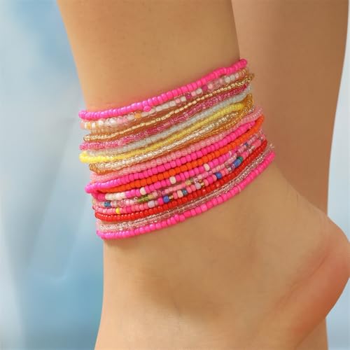 18Pcs Boho Stackable Beaded Bracelets for Women Colorful Handmade Multilayered Rice Beads Anklets Set Summer Beach Bohemian Jewelry Gift - color: Style 1 Pink B