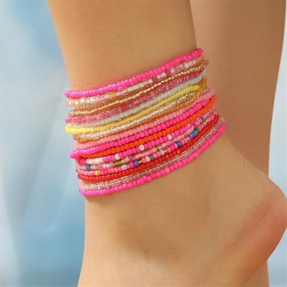 18Pcs Boho Stackable Beaded Bracelets for Women Colorful Handmade Multilayered Rice Beads Anklets Set Summer Beach Bohemian Jewelry Gift - color: Style 1 Pink B