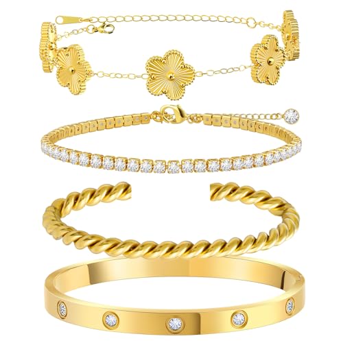 MOINSPIRE Gold Bracelets for Women, 18K Gold Plated Tennis Nail Clover love Bangle Bracelets Set Non Tarnish, Stainless Steel Trendy Stackable Bracelet Fashion Jewelry Accessories Gifts for Christmas - color: B1-Gold