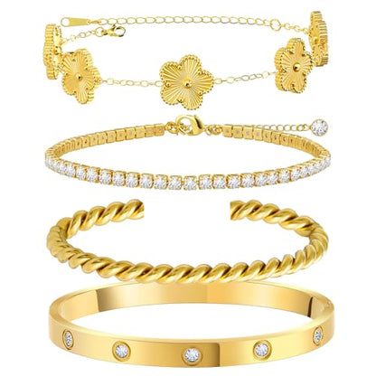 MOINSPIRE Gold Bracelets for Women, 18K Gold Plated Tennis Nail Clover love Bangle Bracelets Set Non Tarnish, Stainless Steel Trendy Stackable Bracelet Fashion Jewelry Accessories Gifts for Christmas - color: B1-Gold