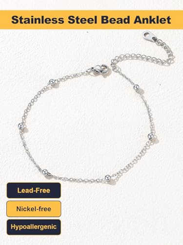 U7 Ankle Bracelets for Women Stainless Steel Waterproof Tarnish Resistant | 18K Gold Plated/Silver/Rose Gold Anklets, Cuban Chain Anklet Bracelets, Perfect for Summer Beach and Vacation Outfits - color: Stainless Steel-Bead Chain