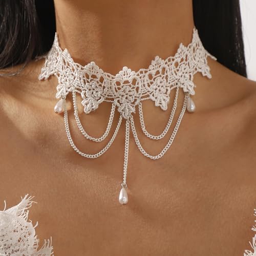 Lace Choker Necklace for Women Gothic Pearl Pendant Necklace Halloween Cosplay Jewelry - color: White Drop