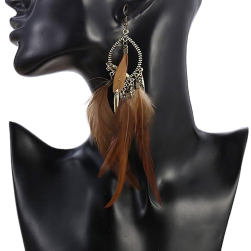 2 Pairs Brown Dream Catcher Feather Earrings for Women Bohemian Vintage Tassel Drop Dangle Earrings Ethnic Long Fringe Dreamcather Earring for Women Ear Jewelry - QC