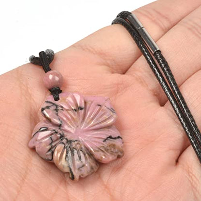 Justinstones Hand Carved Healing Crystals Gemstone Hawaii Flower Pendant Hand Weaving Wax Rope Necklace 22 inch - color: Matrix Rhodonite
