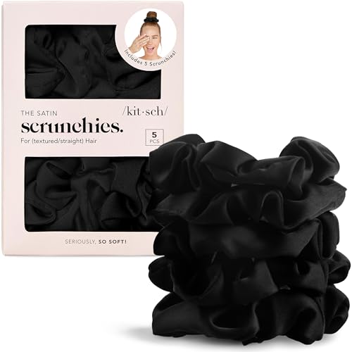 Kitsch Satin Scrunchies for Women | For All Hair Types - Black, 5pcs | Wake Up Frizz-Free, No Crease Hair Ties, Softer Than Silk Scrunchies, Stylish Hair Accessories For All Hair Types - color: Black