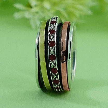 Hammered Meditation Ring 1.6 Carat Natural Red Garnet Mixed Metal Two tone Solid 9k Yellow & Rose Gold 925 Sterling Silver Spinner Ring Bohemian Jewelry For Women Fidget Ring Made in Israel