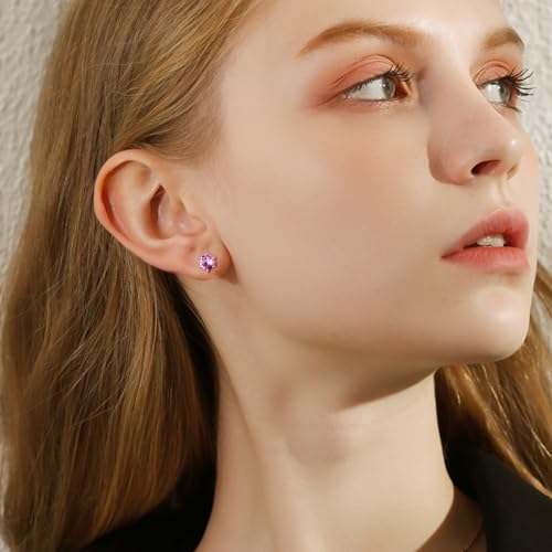 DAYBYDAY 925 Sterling Silver Birthstone Earrings for Women, Crystal Stud Earrings, 6.5mm Round Cut Solitaire Gemstone Earrings Birthday Jewelry - style: Round Cut-10. Oct/created pink sapphire