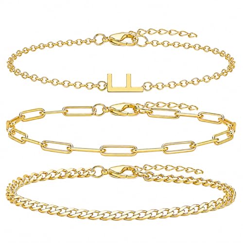 3PCS Gold Bracelet Set for Women, 14K Gold Plated Initial Letter Jewelry, Layered Paperclip and Cuban Chain Stack, Adjustable Stainless Steel Gift - style: Initial-F