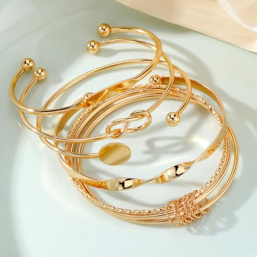 CHICUTIE Gold Bangles Bracelets For Women, 14k Gold Plated Stackable Open Cuff Bracelet Set Charms Trendy Lightweight Elegance Minimalist Textured Boho Jewelry Gift for Women - style: Gold 3