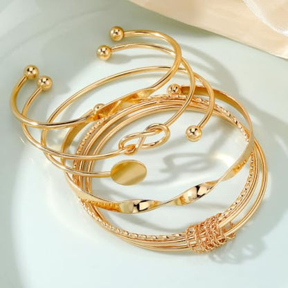 CHICUTIE Gold Bangles Bracelets For Women, 14k Gold Plated Stackable Open Cuff Bracelet Set Charms Trendy Lightweight Elegance Minimalist Textured Boho Jewelry Gift for Women - style: Gold 3
