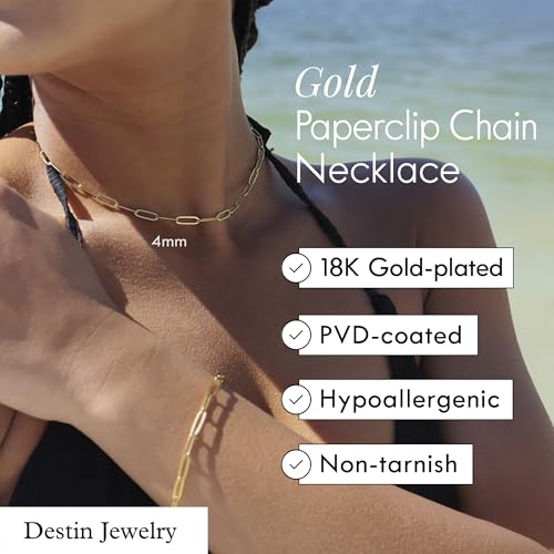DESTIN Jewelry 18K Gold Plated Paperclip Chain Necklace, 2.5-6.5mm | Waterproof, hypoallergenic and tarnish-resistant adjustable stainless steel layering chain for women. - color: 18K Yellow Gold Plated Stainless Steel, size: 16" + 2", style: 4 MM