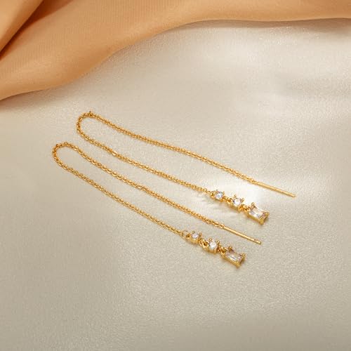 Robaice Long Gold Dangle Earrings for Women, 14K Plated Tassel Earring | Gold Chain Dangling Earrings, Trendy Drop Prom Earring, Lightweight Statement Party Jewelry, Gift for Women - style: G-cz threader chain earrings