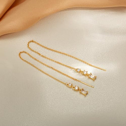Robaice Long Gold Dangle Earrings for Women, 14K Plated Tassel Earring | Gold Chain Dangling Earrings, Trendy Drop Prom Earring, Lightweight Statement Party Jewelry, Gift for Women - style: G-cz threader chain earrings
