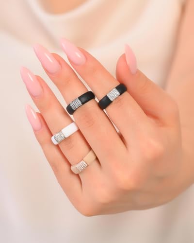 Rinfit Silicone Ring with Metal Plate & CZ for Women | AAAAA Grade Cubic Zirconia Stones, Flexible Rubber Wedding Band, Comfortable Fit, Engagement Ring for Her, Patented Design - color: Pack A: Black and Silver