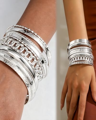 ÌF ME Gold Bangle Bracelets for Women, Indian Bangles Stackable Set, Multi Layer Textured 18K Gold Plated Chunky Bracelets Boho Jewelrys Set - style: C-silver-10PCS Chunky bangle