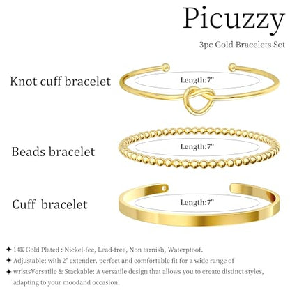 14K Gold Plated Stackable Bangle Bracelets for Women | Dainty Cuff Bracelets, Stackable for Women, Waterproof Bracelet Stack, Gold Jewelry Gifts Trendy Adjustable Accessories - color: 3-layer-G-Gold