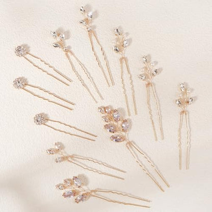 11 Pieces Bride Hair Pins Rhinestones Hair Accessories for Women Crystal Hair Piece for Wedding Bride Women Bridesmaids - color: 02 Gold-TJ-1211