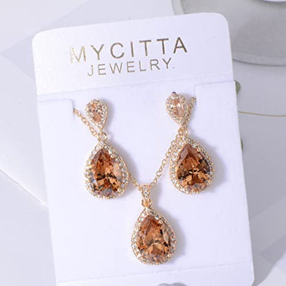 Bridal Jewelry Set for Wedding - 18k Plated Teardrop CZ Crystal Cubic Zirconia Rhinestone Necklace Earrings Set for Bride Bridesmaids Mother of Bride Party Prom Birthstone Costume Jewelry - color: Nov-Citrine