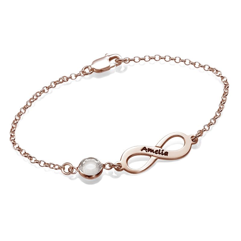 Personalized Infinity Bracelet - Choose Your Style - Sterling Silver, Solid Gold or Plated - Rolo Chain - color: 18K Rose Gold Plated Silver, size: 1 Name Bracelet with Birthstone