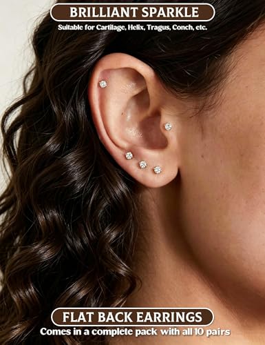 SIISPRI 10 Pairs Tiny Cartilage Stud Earrings for Women Men 14K Gold Plated Surgical Stainless Steel Flat Back Earrings Hypoallergenic Cubic Zirconia Studs Earrings 2mm 3mm Tragus Helix Daith Piercing - color: 2mm-Gold-10pair