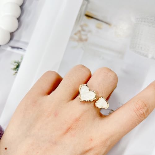Retro Enamel Double Hearts Open Statement Ring for Women Fashion Simple Asymmetry Love Hearted Wrap Finger Knuckle Adjustable Bands Rings Gold Plated Wedding Eternity Promise Engagement Jewelry - color: White