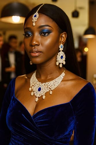 Touchstone Indian jewelry sets for women tikka wedding necklace costume guest statement bollywood rhinestones crystal faux pearls gold big royal neck piece set bridal fashion accessories - color: Blue in Center 2
