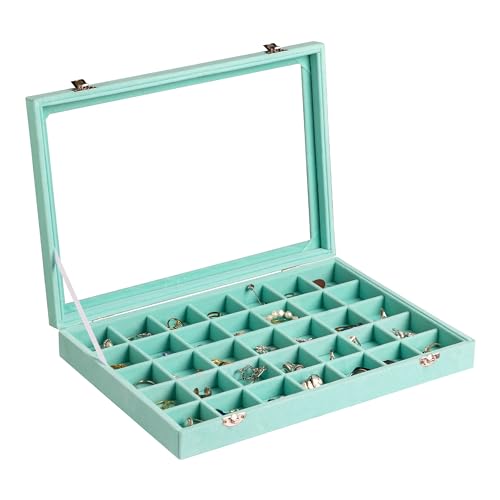 Frebeauty 35 Grid Earring Organizer,Velvet Jewelry Tray with Clear Lid | Drawer Jewelry Organizer for Rings Studs Beads,Adjustable Dividers,Dustproof Design,Earring Storage,Trinket Box,13.8×9.5Inch - color: Turquoise, size: 35 Grid