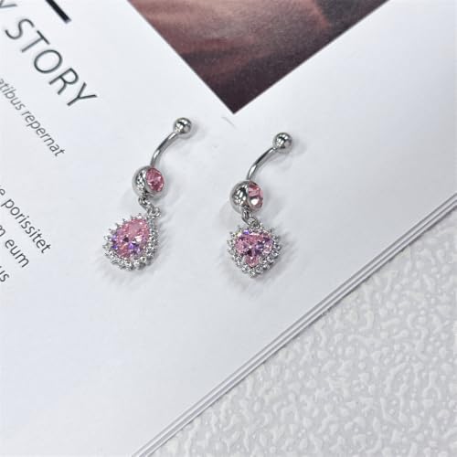 14G Heart and Waterdrop Dangle Belly Button Rings | Stainless Steel, Pink CZ, Dangle Charm Belly Rings, Navel Piercing Barbell, Body Piercing Jewelry - color: Silver