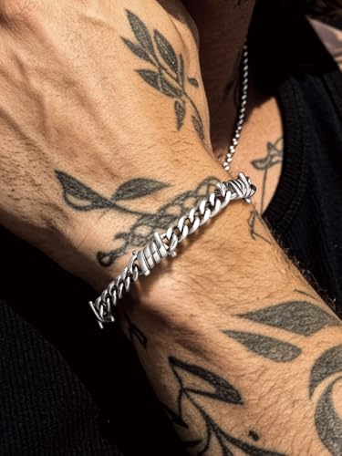 Bandmax Barbed Wire Chain Bracelets for Men Women Stainless Steel/Black/Gold Thorn Cuban Link Bracelet Adjustable Punk Emo Style Jewelry Gift - color: 07 7MM-Silver Tone