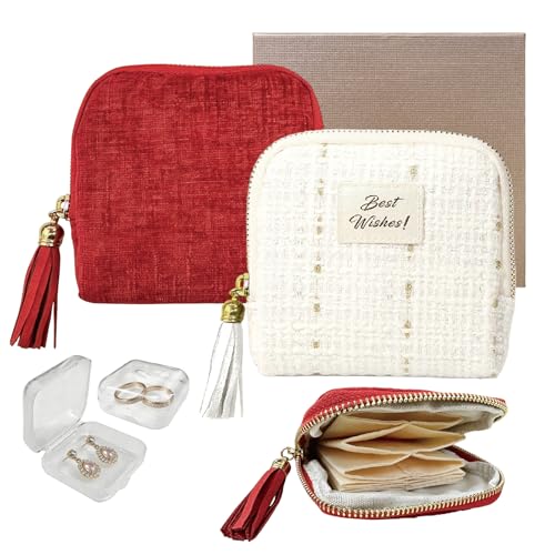 2PCS Small Travel Jewelry Case with Earring Box Mini Jewelry Case | 6-Layer Portable Chenille Travel Jewelry Organizer Pouch for Bangle Necklace Earrings Ring Bracelet, Gifts for Women & Men - color: 2PCS Red and silver